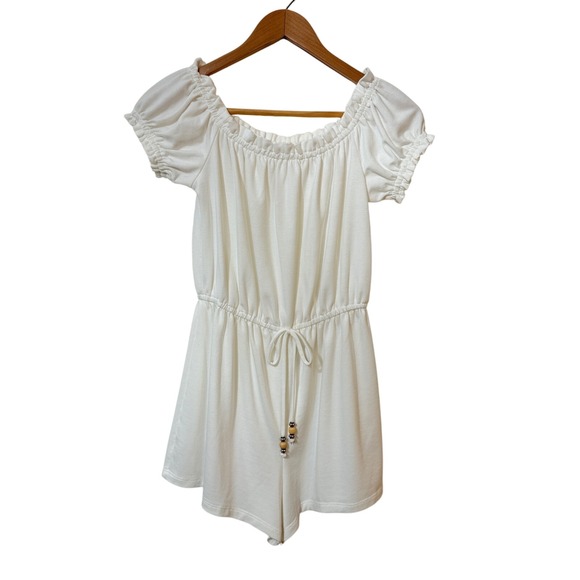 Bebop White Off Shoulder Short Sleeve Romper Drawstring Waist Womens Size Small - Picture 1 of 5